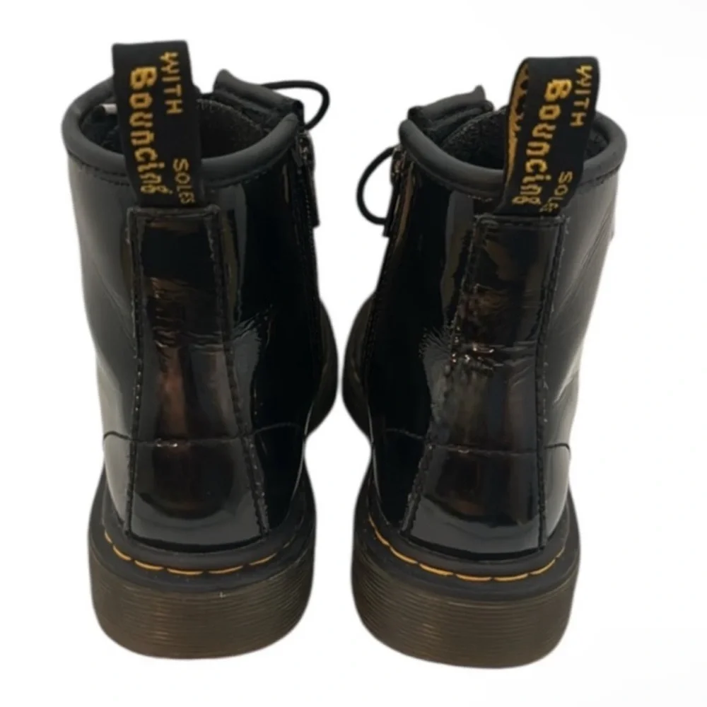 Authentic Dr. Martens girls signature black faux patent lace up combat boots 13